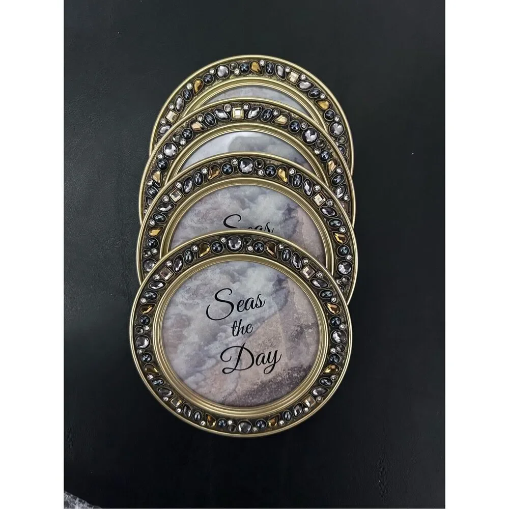 Dickson Gifts Seas The Day Amber Goldtone 4.5 Inch Jeweled Coaster Set of 4 NWOT
